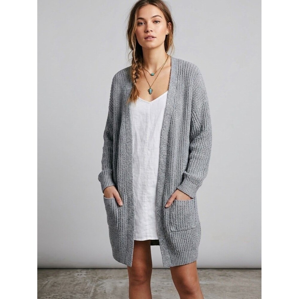 Iris Women's Gray Long Duster Cardigan Sweater Sz Medium Open Fron Knit Pockets